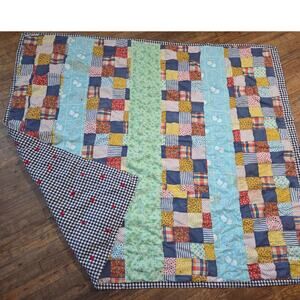 Vtg Quilt Hand Sewn 67x56 Pastel Strip Plaid Flour Sack